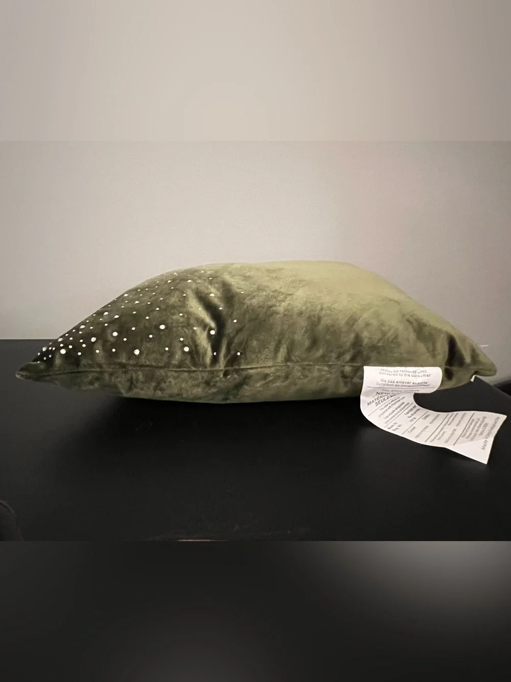 Olive Green Velvet Decorative Pillow with Rhinestone Accents